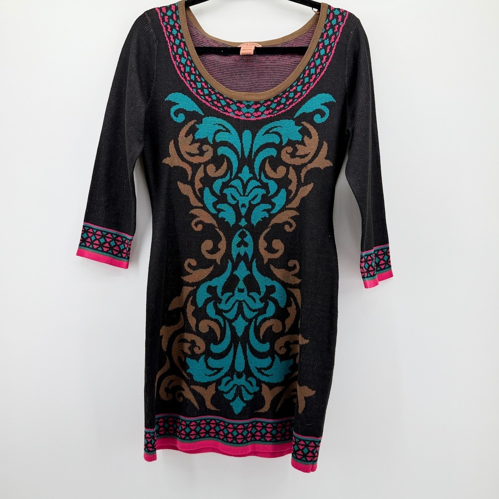 Flying Tomato Womens Medium Black Intarsia Knit Damask Scroll Mini Dress SW3245